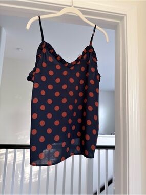 Halogen Navy & Rust Polka Dot Ruffle Cami Tank Top Size Small